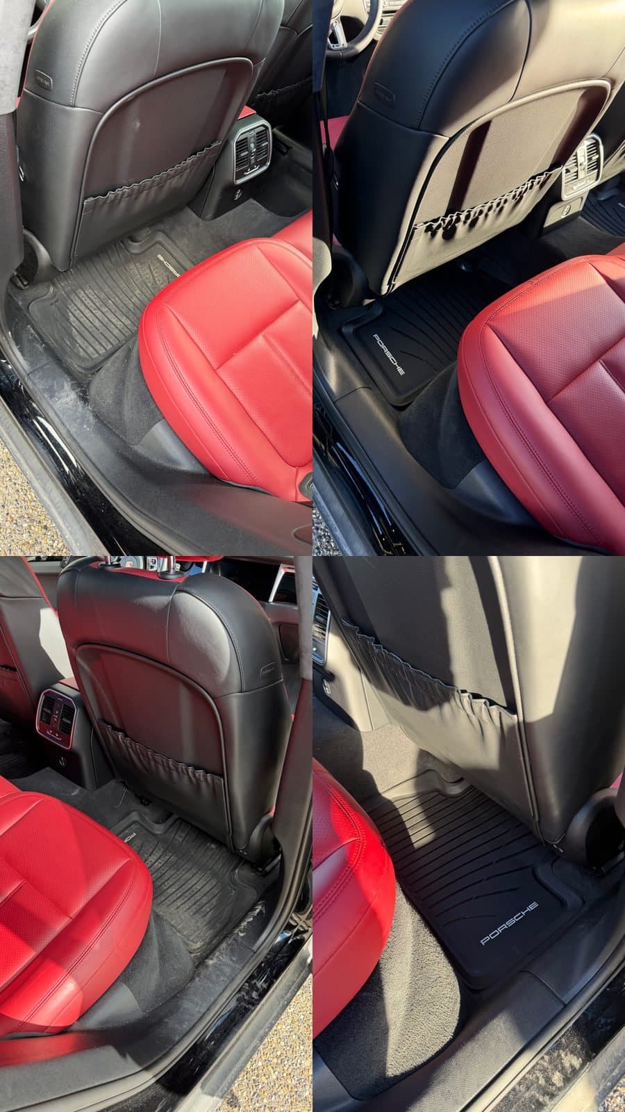 Porsche Cayenne rear cabin before and after: seat backs and rear floor mats cleaned up